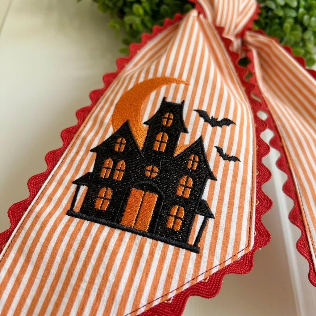 Personalized Haunted House Embroidered Wreath Sash, Custom Halloween Monogram Wreath Bow, Witchy Home and Apartment Decor