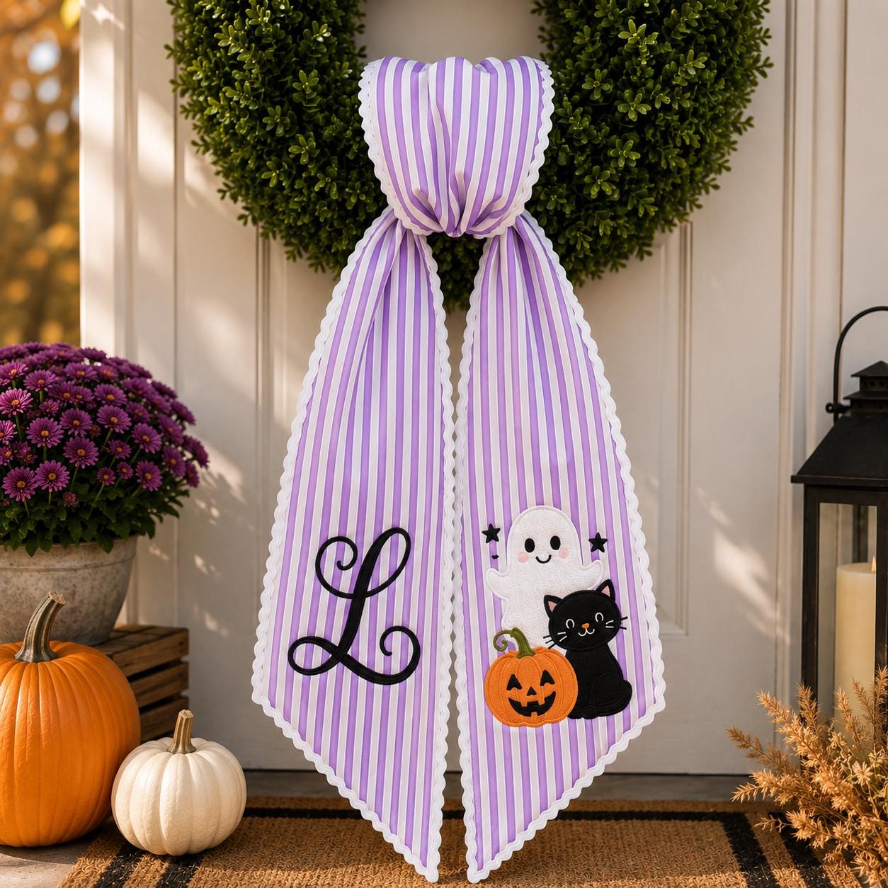 Personalized Halloween Wreath Sash, Ghost Black Cat Pumpkin Door Bow, Orange Stripe Monogram Front Door Decor