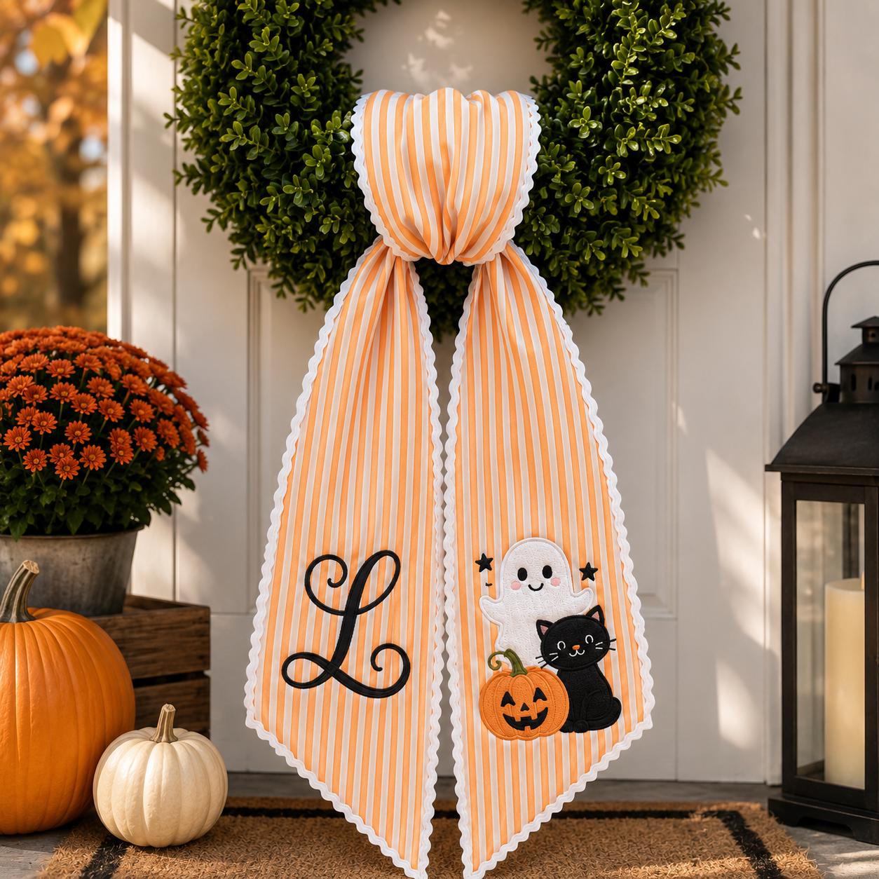 Personalized Halloween Wreath Sash, Ghost Black Cat Pumpkin Door Bow, Orange Stripe Monogram Front Door Decor
