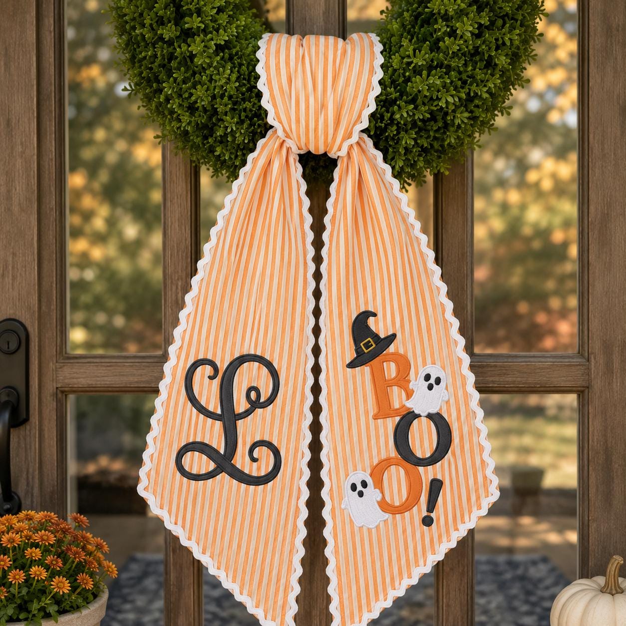 Personalized Halloween Wreath Sash, Purple Stripe Boo Door Bow, Ghost Monogram Front Door Decor
