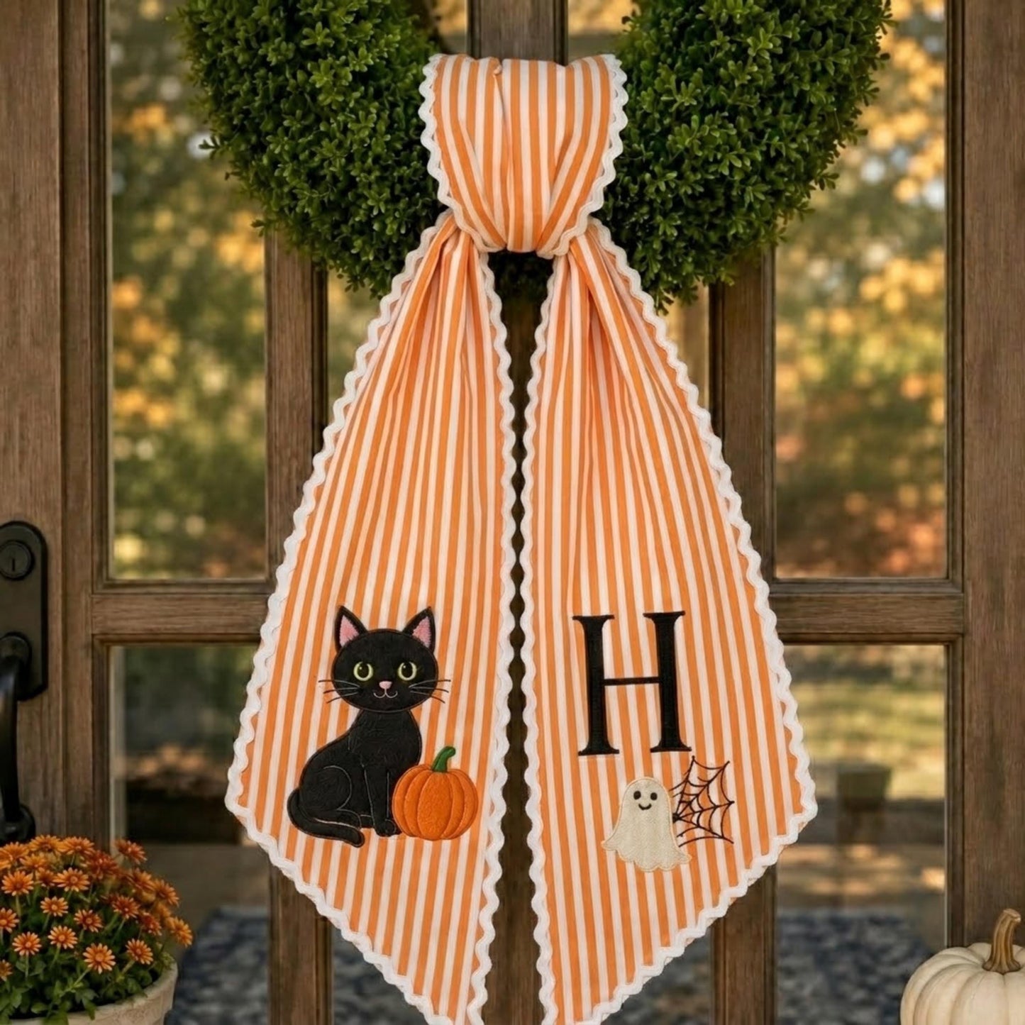 Personalized Halloween Wreath Sash, Black Cat Pumpkin Ghost Door Bow, Purple Stripe Monogram Front Door Decor