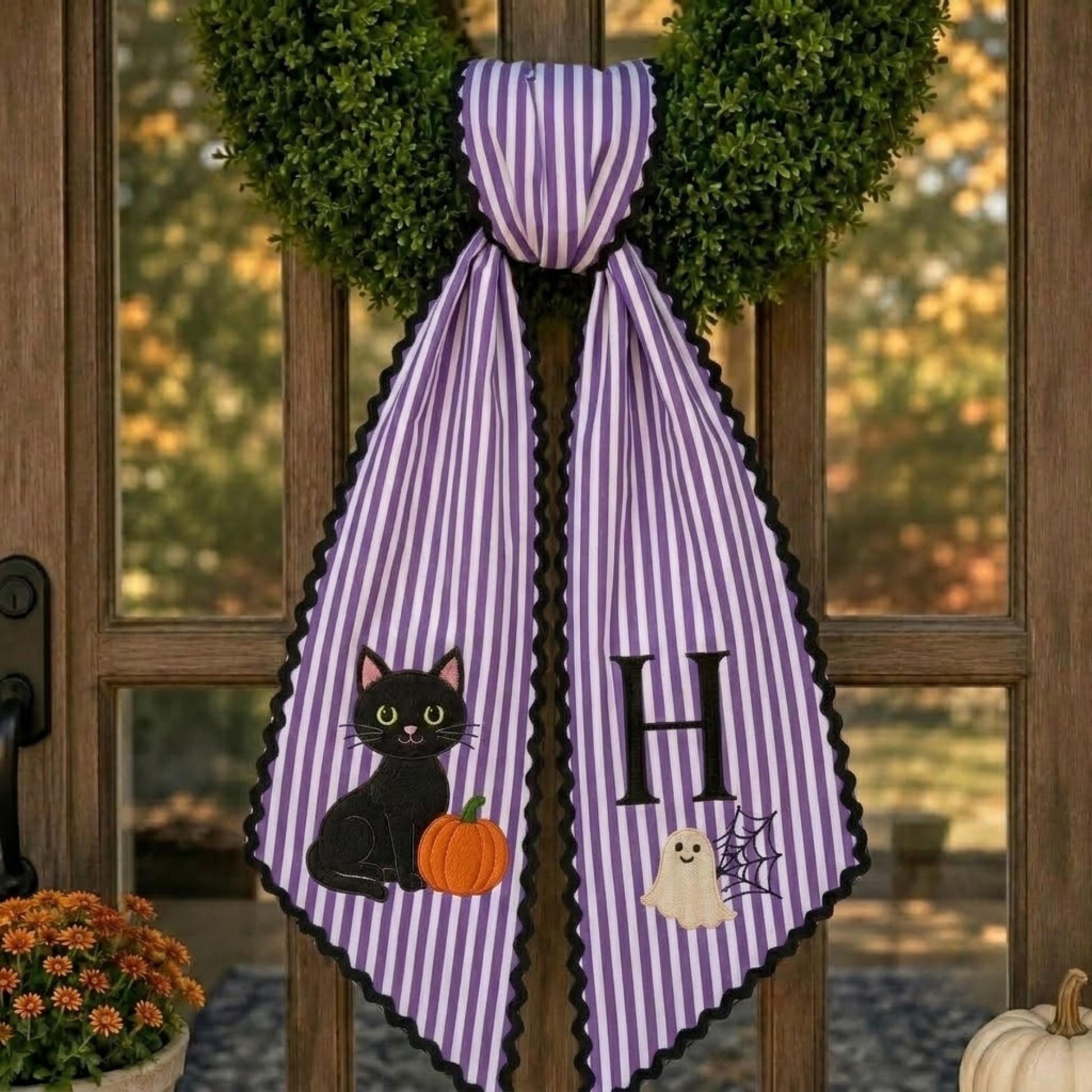 Personalized Halloween Wreath Sash, Black Cat Pumpkin Ghost Door Bow, Purple Stripe Monogram Front Door Decor