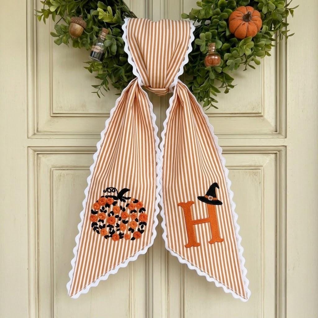Embroidered Floral Pumpkin Monogram Wreath Sash, Autumn Door Bow Decor, Custom Thanksgiving Decoration