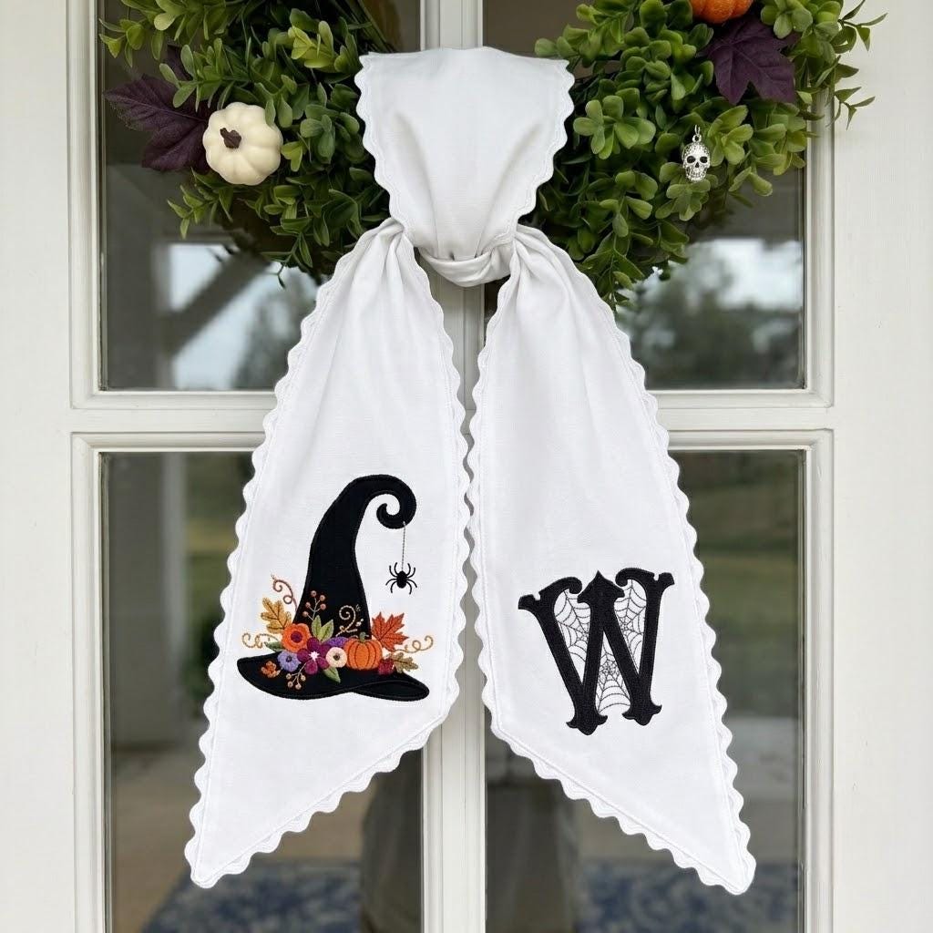 Custom Halloween Wreath Sash, Embroidered Floral Witch Hat Door Bow, Personalized Striped Autumn Front Porch Gift