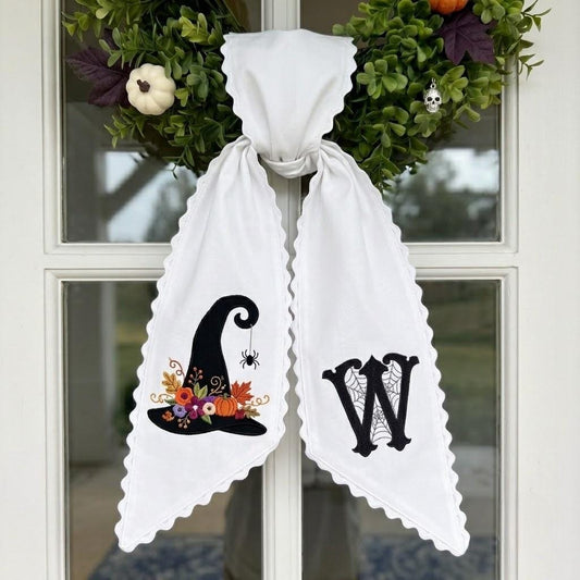Custom Halloween Wreath Sash, Embroidered Floral Witch Hat Door Bow, Personalized Striped Autumn Front Porch Gift