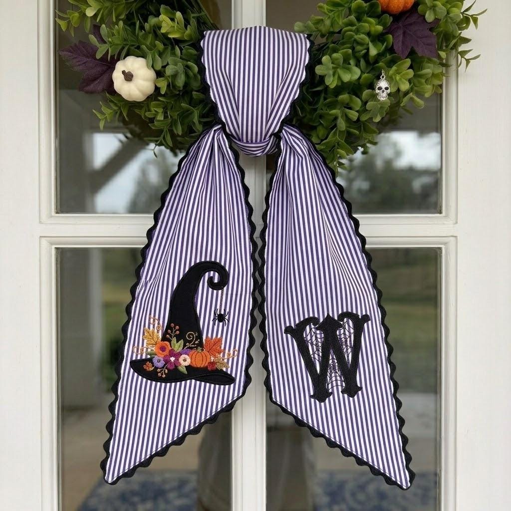 Custom Halloween Wreath Sash, Embroidered Floral Witch Hat Door Bow, Personalized Striped Autumn Front Porch Gift