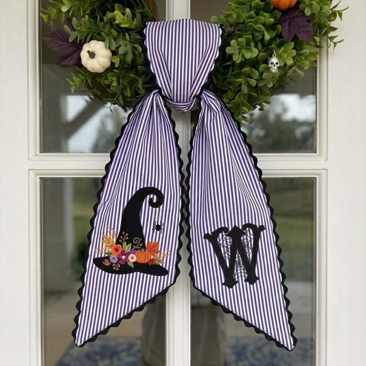 Custom Halloween Wreath Sash, Embroidered Floral Witch Hat Door Bow, Personalized Striped Autumn Front Porch Gift