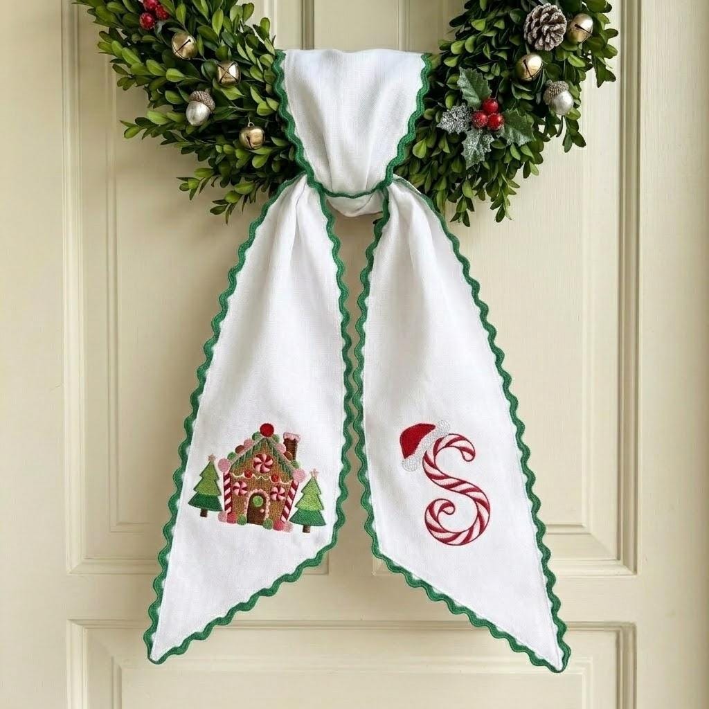 Embroidered Christmas Wreath Sash, Gingerbread House Candy Cane Monogram Door Bow, Holiday Front Door Decor