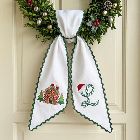 Embroidered Christmas Wreath Sash, Gingerbread House Candy Cane Monogram Door Bow, Holiday Front Door Decor