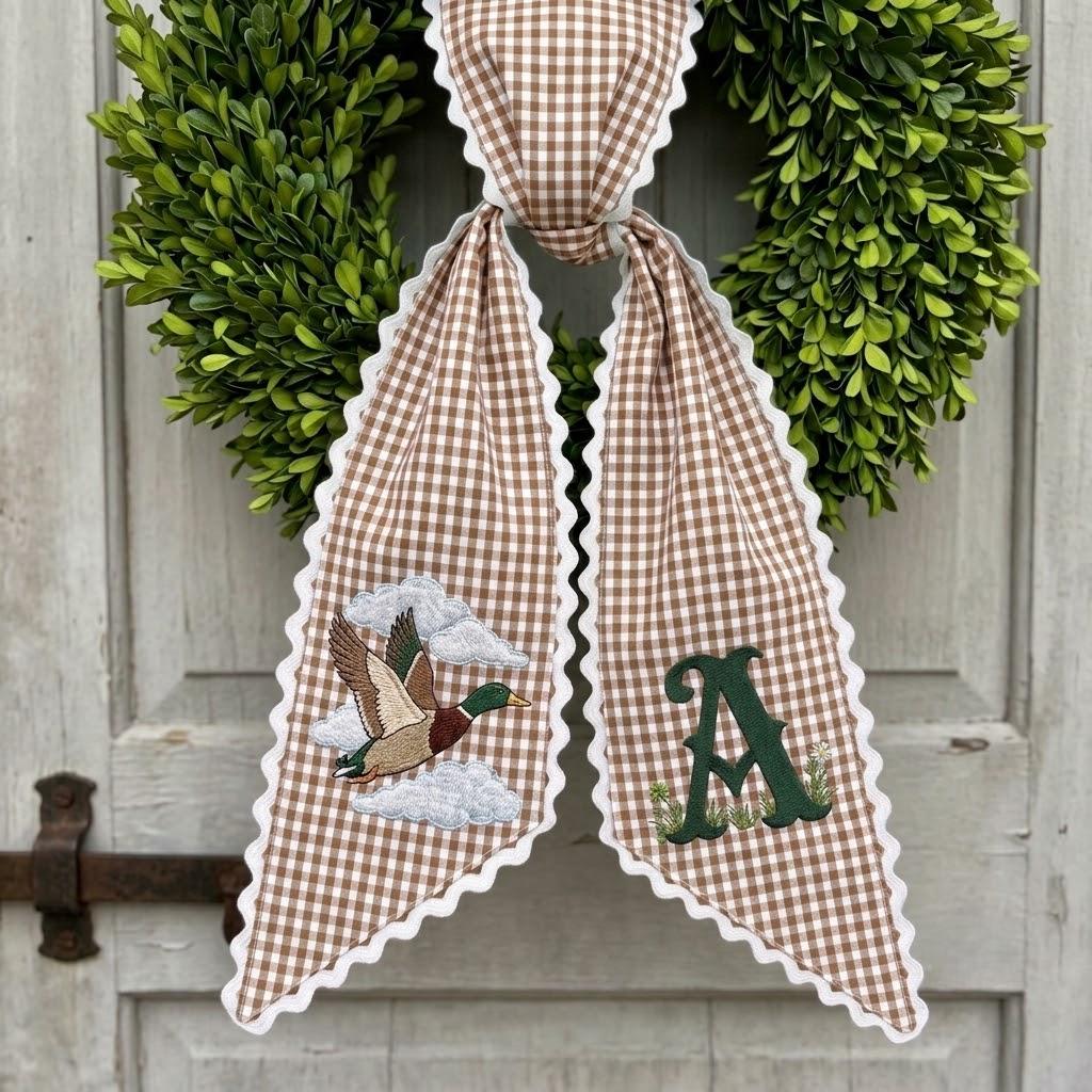 Personalized Mallard Duck Embroidered Wreath Sash, Custom Hunting Monogram Wreath Bow for Front Door Decor