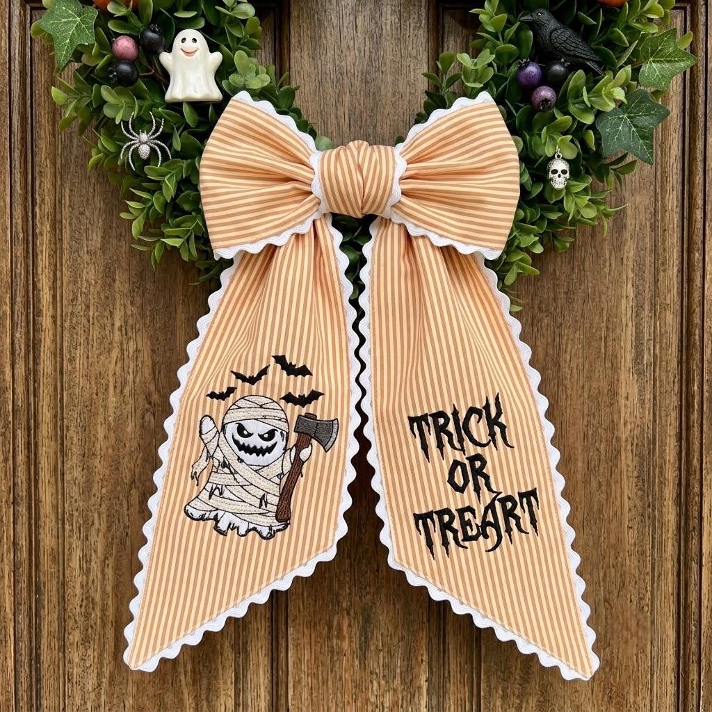 Personalized Halloween Trick or Treat Wreath Sash, Embroidered Mummy Ghost Wreath Bow