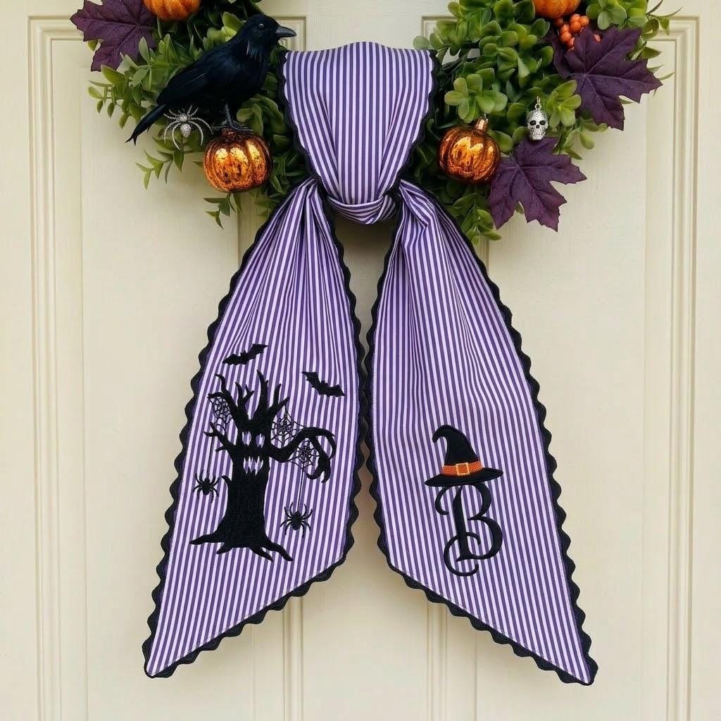 Personalized Halloween Witch Tree Wreath Sash, Custom Spooky Monogram Wreath Bow, Witch Front Door Decor