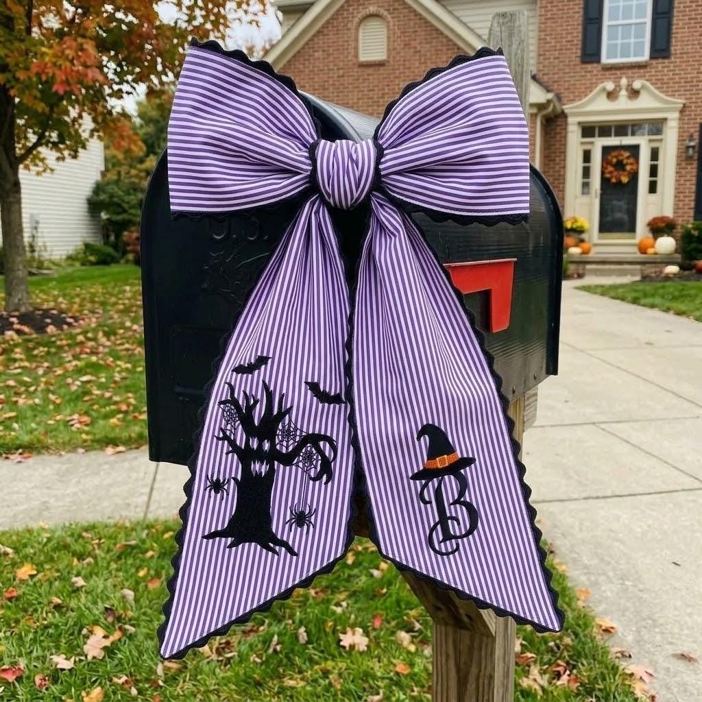 Personalized Halloween Witch Tree Wreath Sash, Custom Spooky Monogram Wreath Bow, Witch Front Door Decor