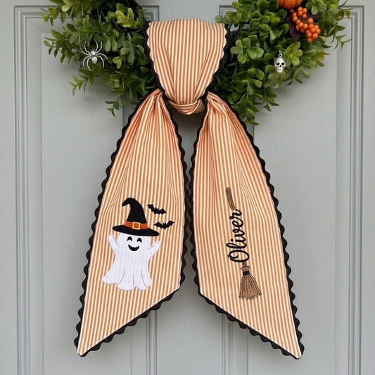 Custom Name Halloween Ghost Wreath Sash, Boo Embroidered Wreath Bow, Witchy Home Decor