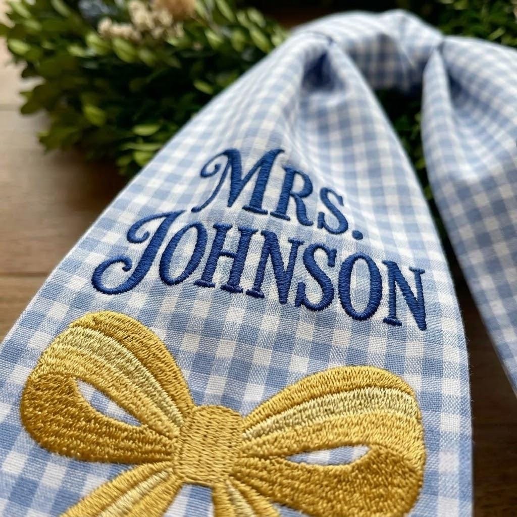 Custom Name Teacher Wreath Sash, Embroidered Gingham Door Bow, Teacher Appreciation Gift, Back to School Classroom Decor