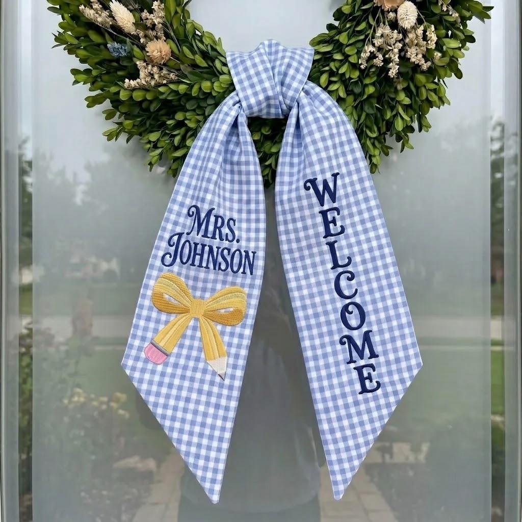 Custom Name Teacher Wreath Sash, Embroidered Gingham Door Bow, Teacher Appreciation Gift, Back to School Classroom Decor