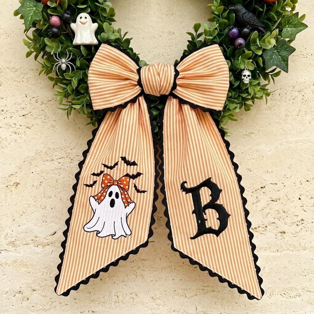Personalized Halloween Ghost Wreath Sash, Custom Embroidered Monogram Wreath Bow for Holiday Decorations