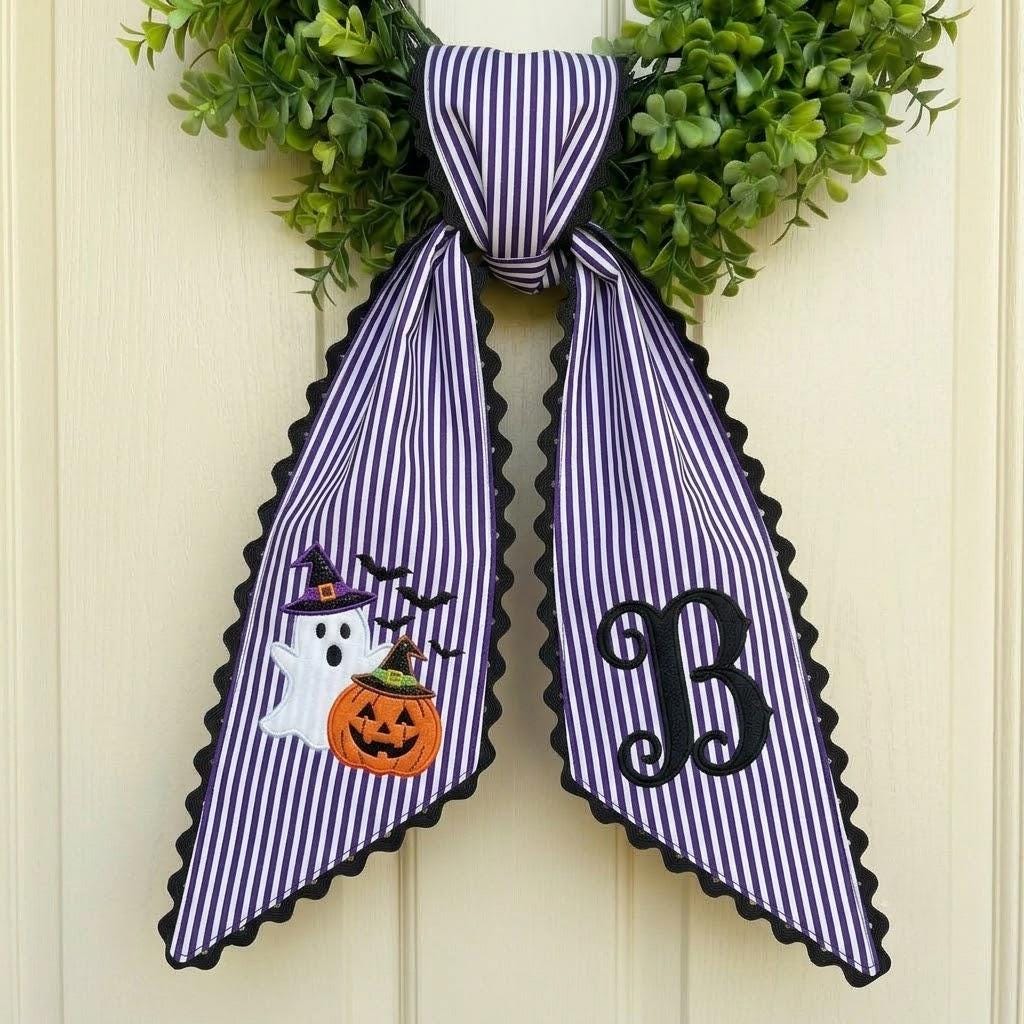 Personalized Embroidered Witch Ghost Halloween Wreath Sash, Personalized Seasonal Front Door Pumpkin Decor