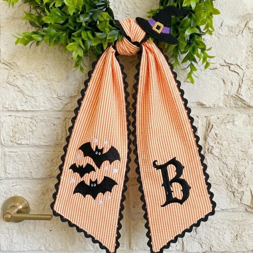Personalized Bats Halloween Wreath Sash, Custom Embroidered Monogram Wreath Bow for Holiday Decorations