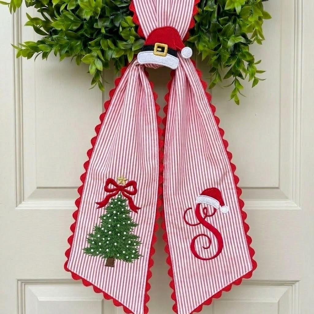 Personalized Christmas Wreath Sash, Custom Monogram Front Door Bow, Embroidered Christmas Tree Door Decor