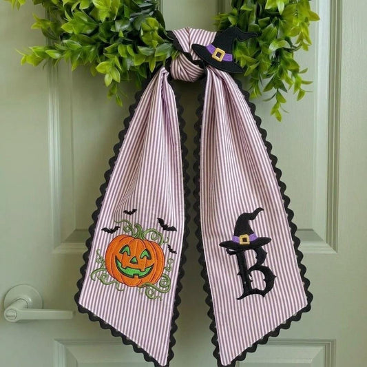Personalized Halloween Pumpkin Wreath Sash, Custom Embroidered Holiday Monogram Wreath Bow for Front Door Decor